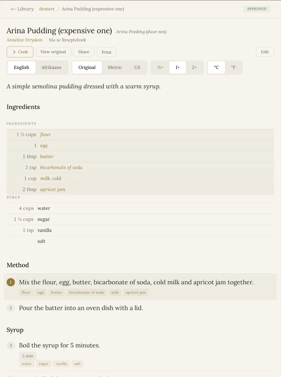 The same recipe, transcribed and structured in Malva